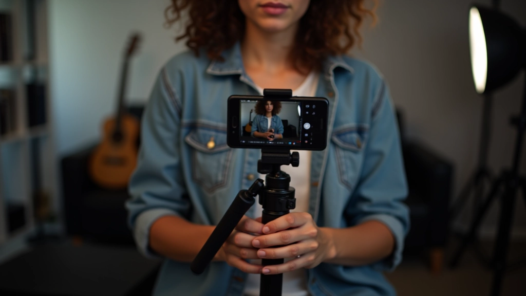 Una persona che registra un video con uno smartphone su un treppiede in uno studio luminoso e minimalista