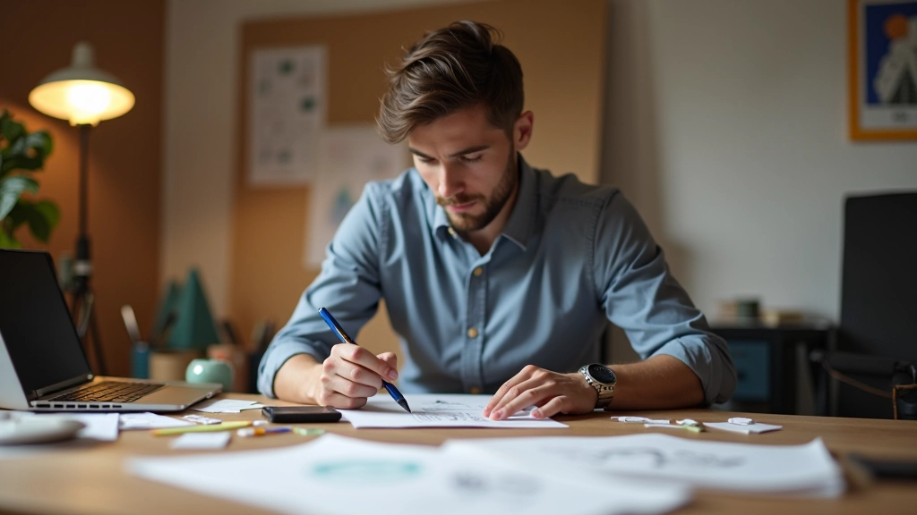 Creator che lavora al progetto in uno spazio di lavoro creativo, circondato da sketches, campioni di materiali, laptop con software di design, atmosfera di lavoro autentica e disordinata