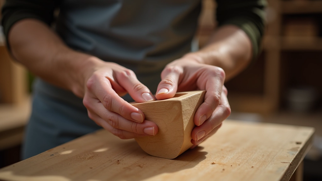 Prototipo di prodotto artigianale su tavolo di legno, mani che lo mostrano, officina creativa sullo sfondo