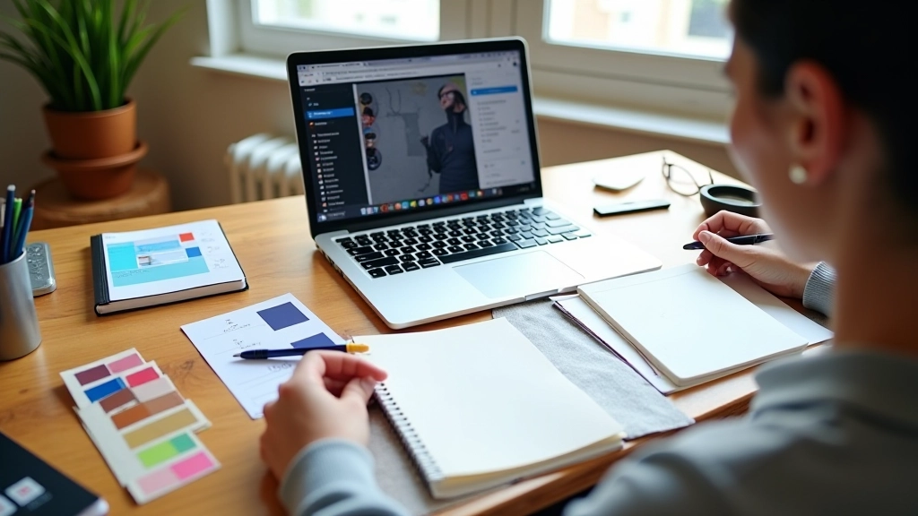 Ambiente di lavoro moderno con laptop, taccuino e materiali di progettazione su una scrivania in legno, luce naturale dal finestrino, nessuna persona visibile