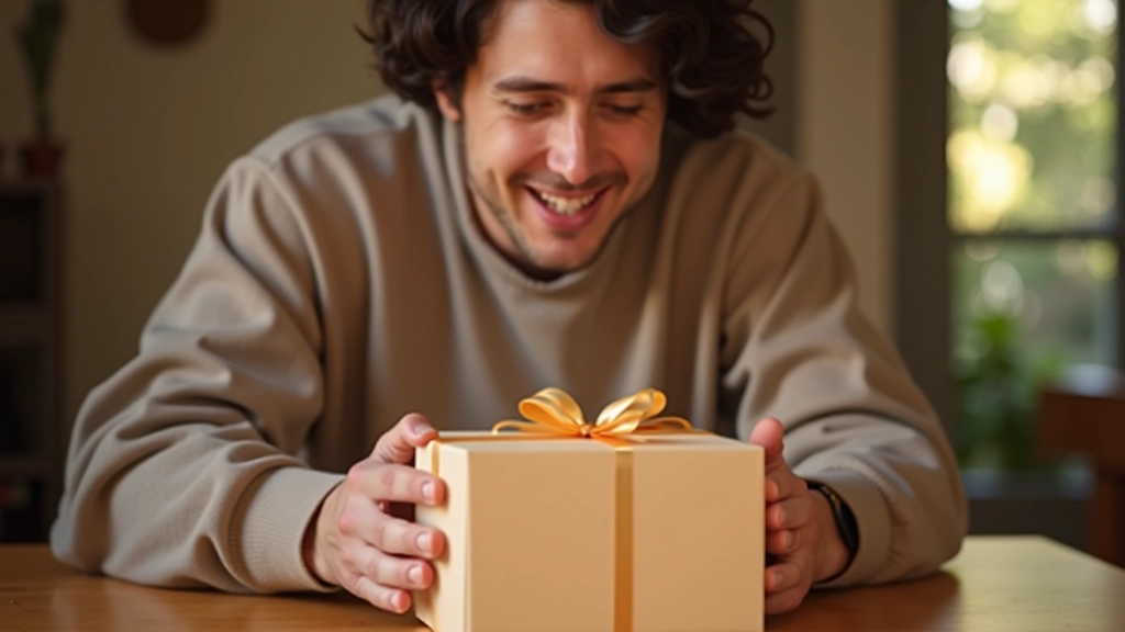 Persona che riceve una scatola speciale con un sorriso di soddisfazione, ambiente luminoso e accogliente