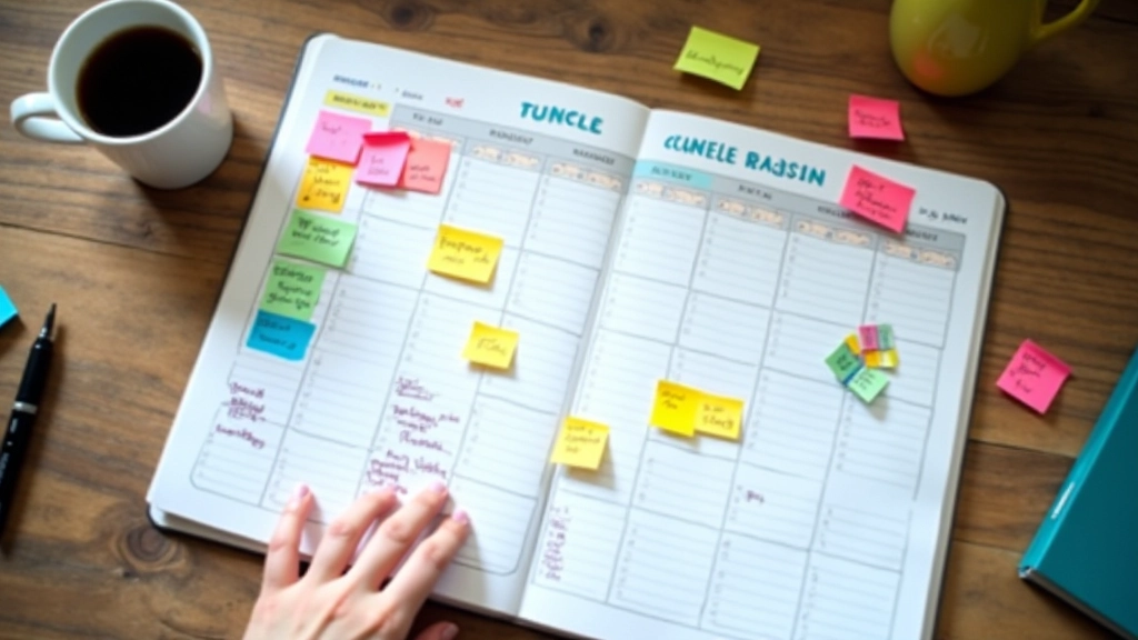 Calendario settimanale con note colorate che indicano giorni di posting sui social media, pianificazione strategica scritta a mano, taccuino aperto accanto a penna e caffè