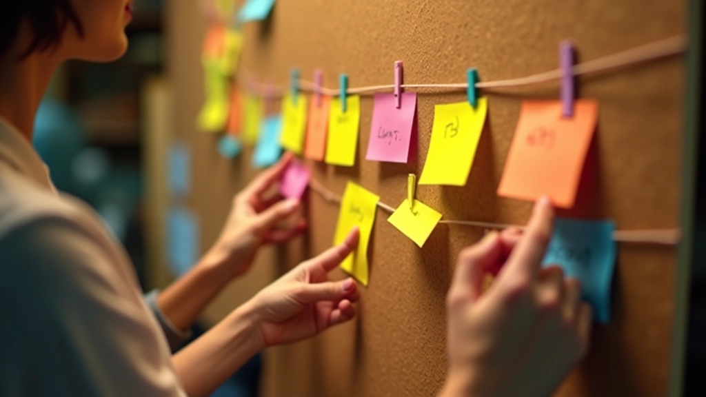 Timeline visuale del progetto con pietre miliari, bacheca con post-it colorati e stringhe connesse