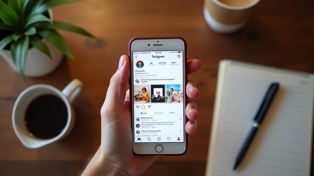 Smartphone su una scrivania con il feed di Instagram aperto, accanto un caff√® e un taccuino con note sulla strategia social