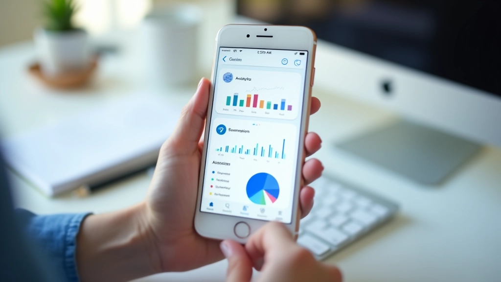 Schermo di smartphone che mostra l'interfaccia di gestione dei social media con dashboard analytics, grafici di engagement colorati, notifiche di nuovi follower