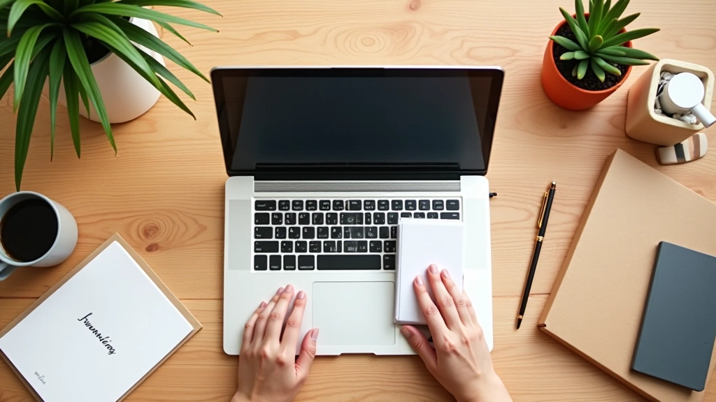 Scrivania con computer portatile che mostra un progetto di crowdfunding, accanto a una scatola di spedizione e articoli fisici