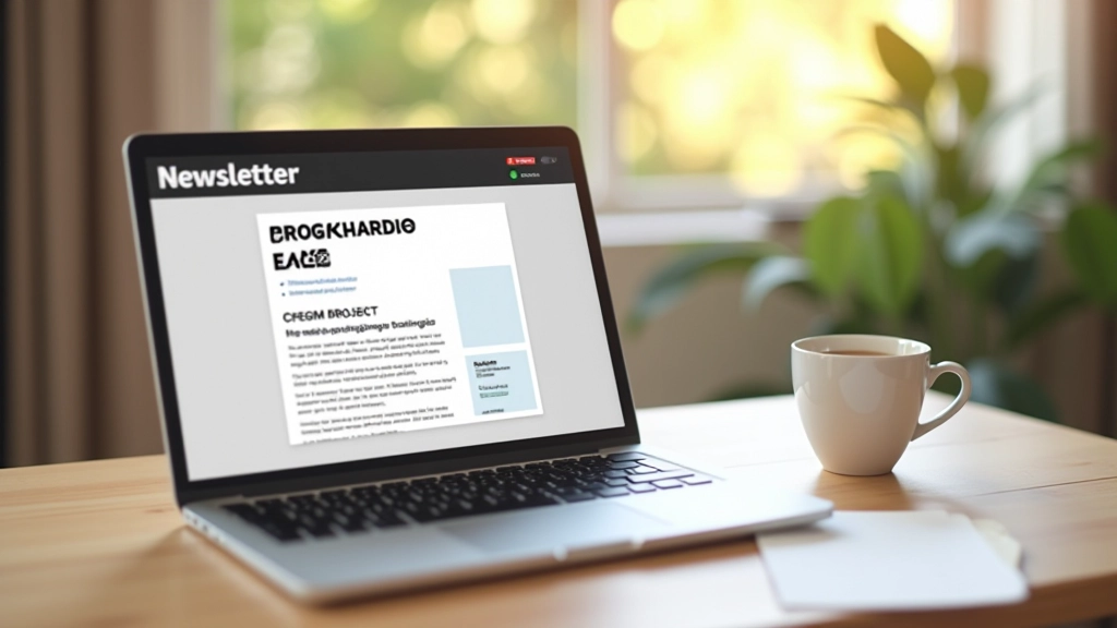 Una scrivania con un computer portatile e una tazza di caffè, schermo che mostra una newsletter ben formattata con colori armoniosi